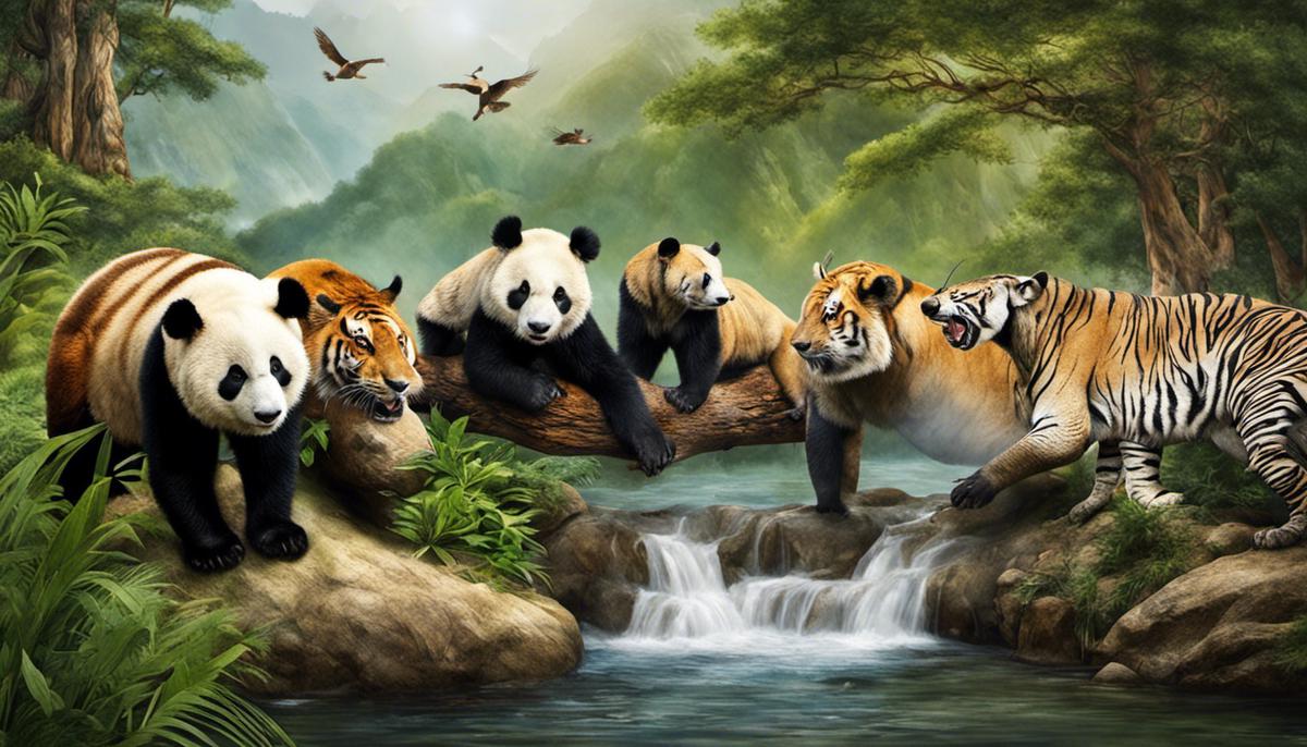 Image representing China's iconic wildlife species such as the Giant Panda, Chinese Alligator, Tibetan Antelope, and South China Tiger.